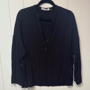 Mustard Seed Black 3/4 Sleeve Button Down v neck shirt two button front L